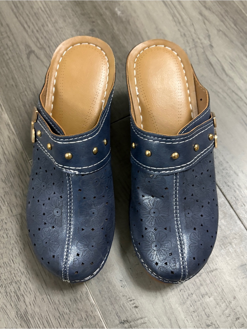 Navy Perforated Slip-On Heeled Clogs Mules with Gold-tone Stud Detail Size 6